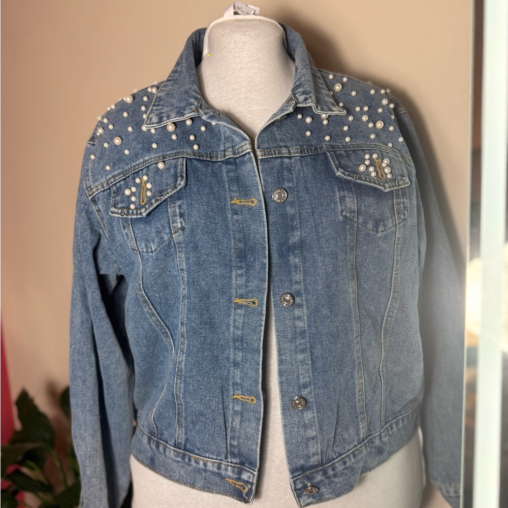 Women's Blue Denim Jacket with Pearl Accents